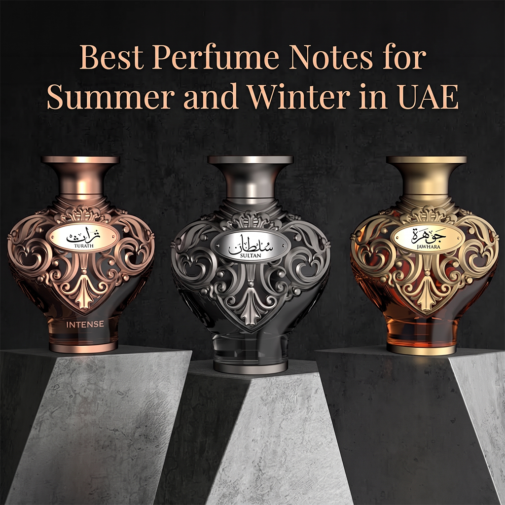 Three ornate perfume bottles displayed on pedestals against a dark textured background, with promotional text at the top reading 'Best Perfume Notes for Summer and Winter in UAE.' The bottles are shown in bronze, black, and gold finishes with decorative scrollwork and Arabic script labels.